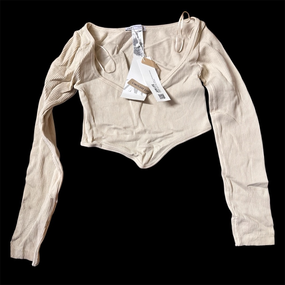 NWT Zara Limitless Contour Ribbed Top Long Sleeve V-Neck Pointed Hem XS-S Cream